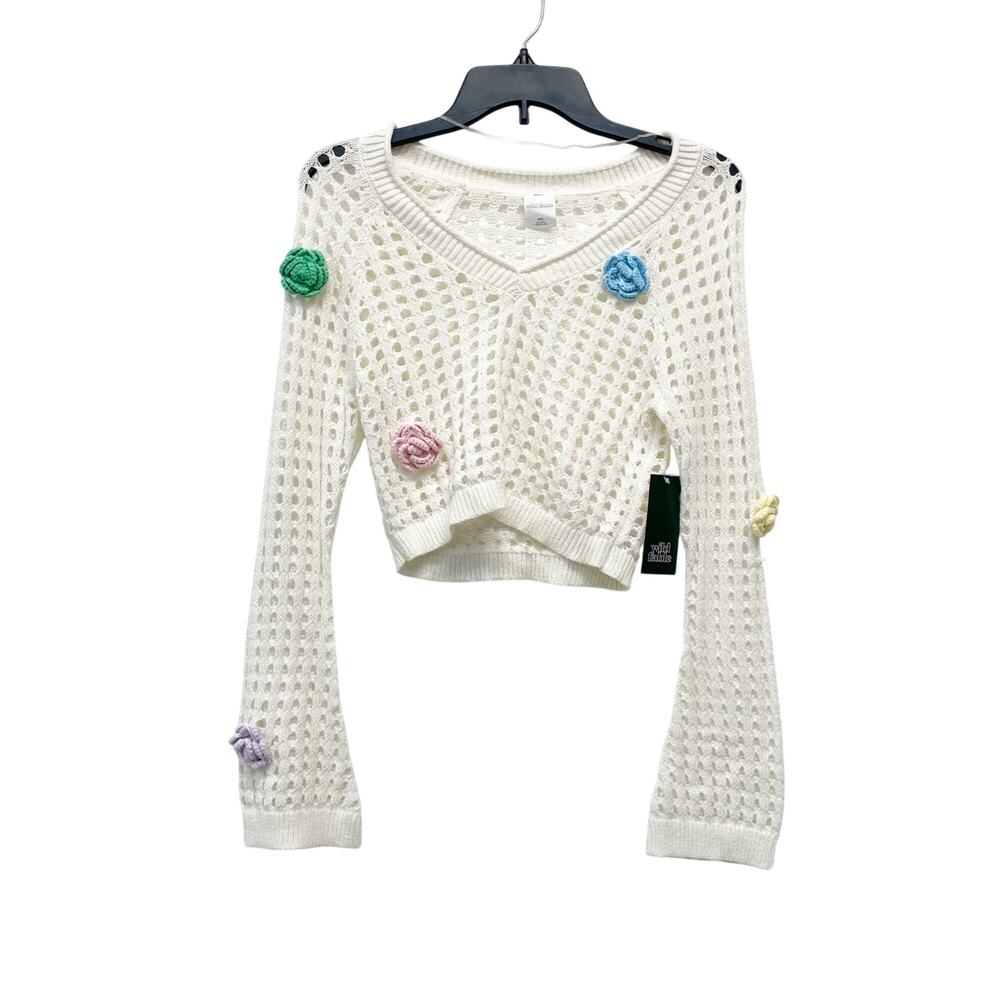 Wild‎ Fable Women's Open Work Cropped Pullover Off White Floral Size XXS